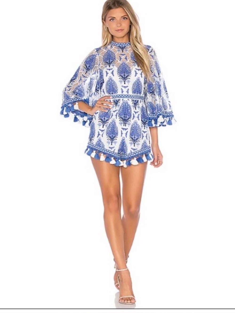 Alice McCall Blue White Lace Tassel Romper Playsuit Bell Sleeve US 0 AUS 4